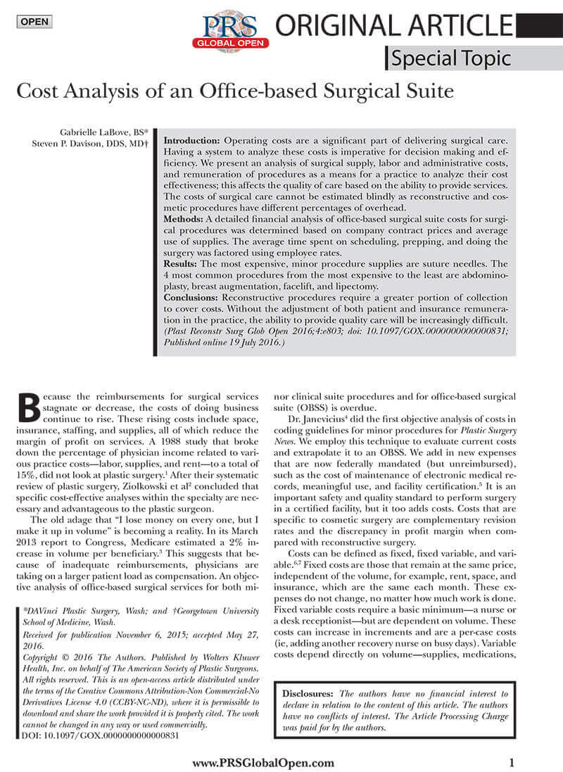Article: Cost Analysis of an Office-based Surgical Suite