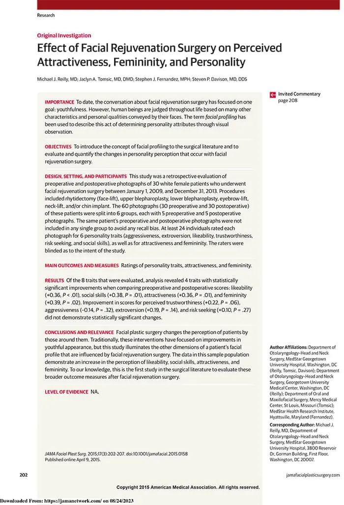 Article: Effect of Facial Rejuvenation Surgery on Perceived Attractiveness, Femininity, and Personality