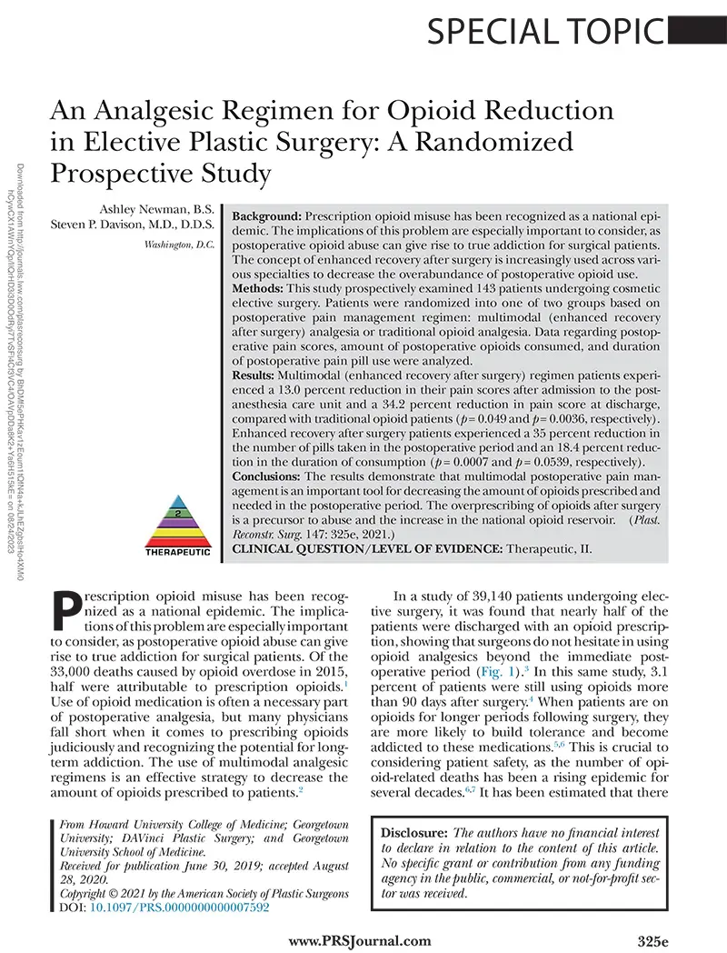 Article: An Analgesic Regimen for Opioid Reduction in Elective Plastic Surgery