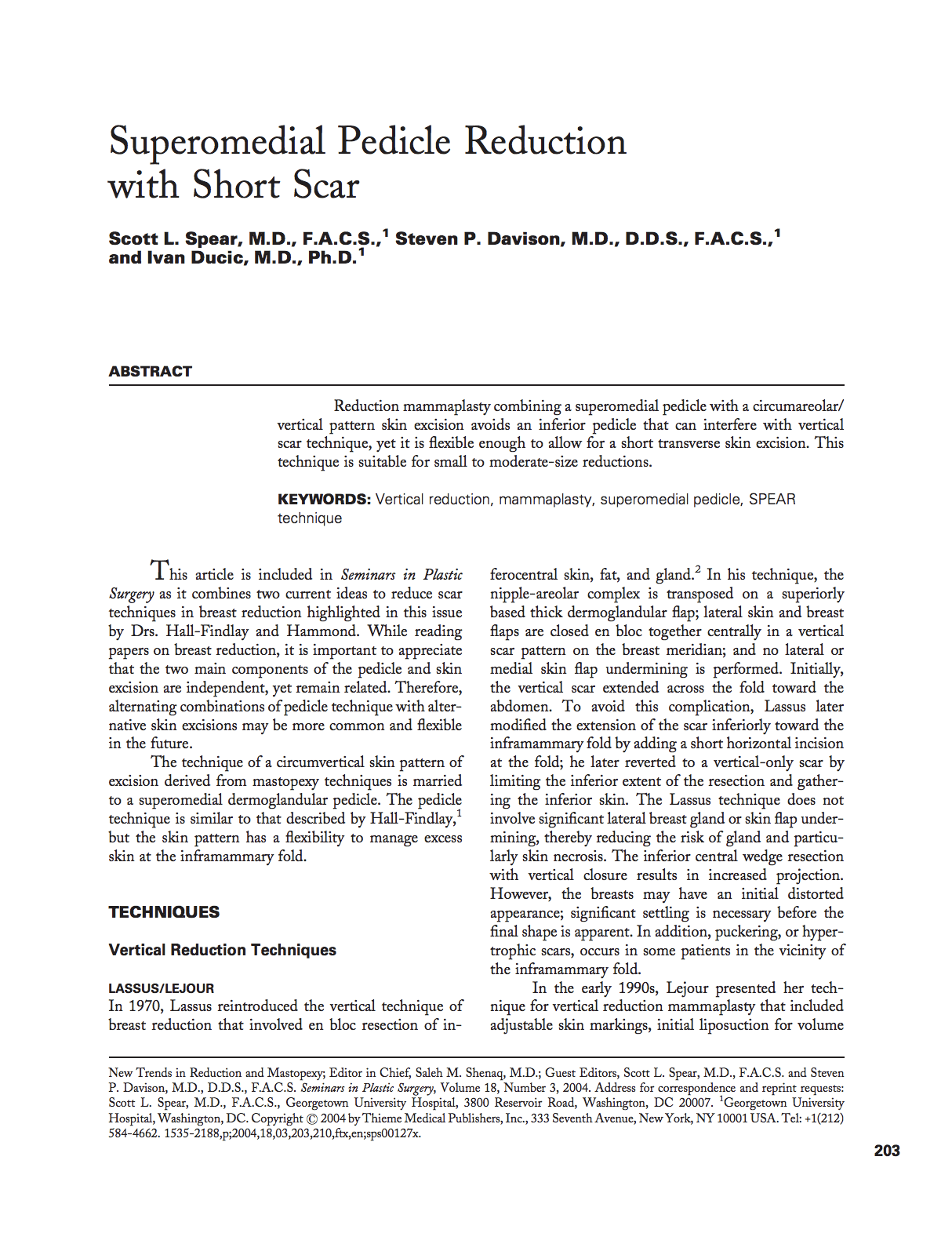 Article: Superomedial Pedicle Reduction With Short Scar
