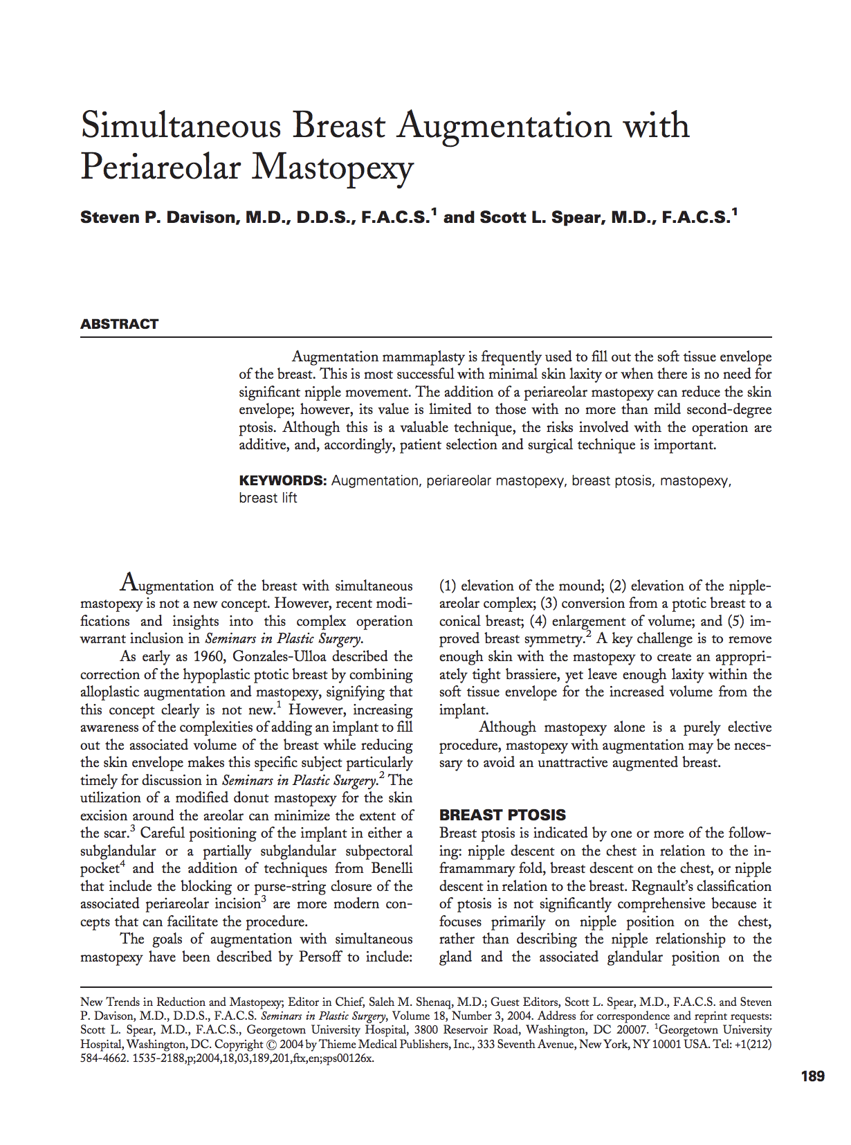 Article: Simultaneous Breast Augmentation With Periareolar Mastopexy