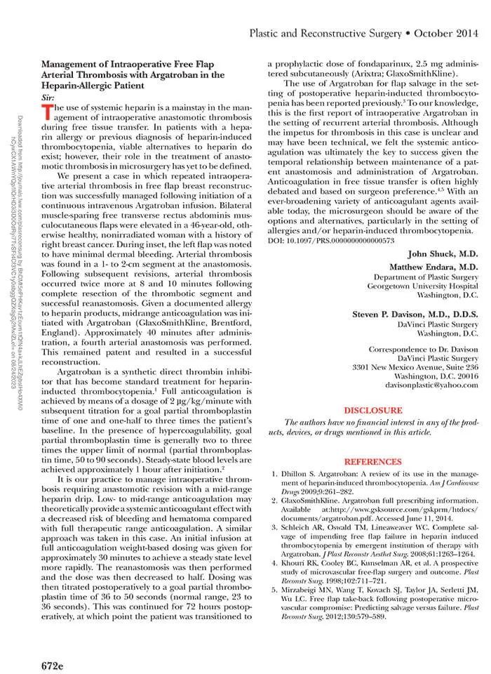 Article: Management of Intraoperative Free Flap Arterial Thrombosis with Argatroban in the Heparin-Allergic Patient