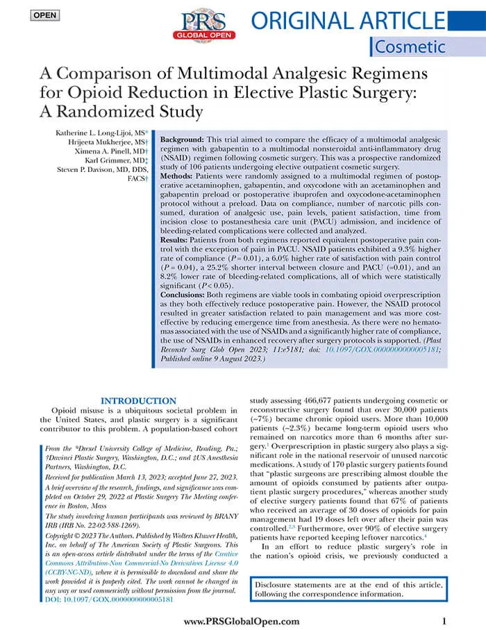 Article: A Comparison of Multimodal Analgesic Regimens for Opioid Reduction in Elective Plastic Surgery