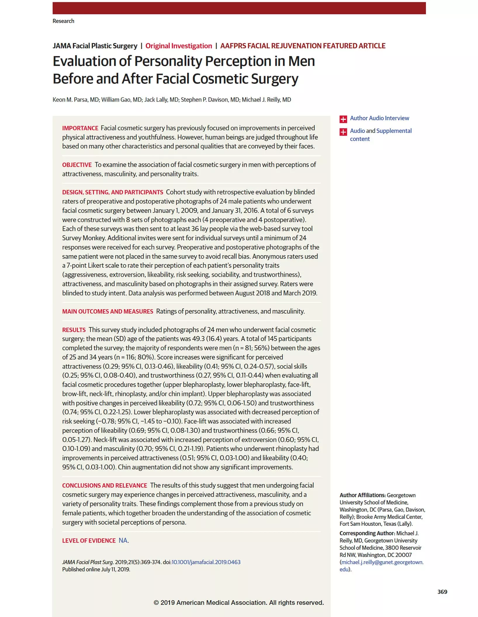 Article: Evaluation of Personality Perception in Men Before and After Facial Cosmetic Surgery