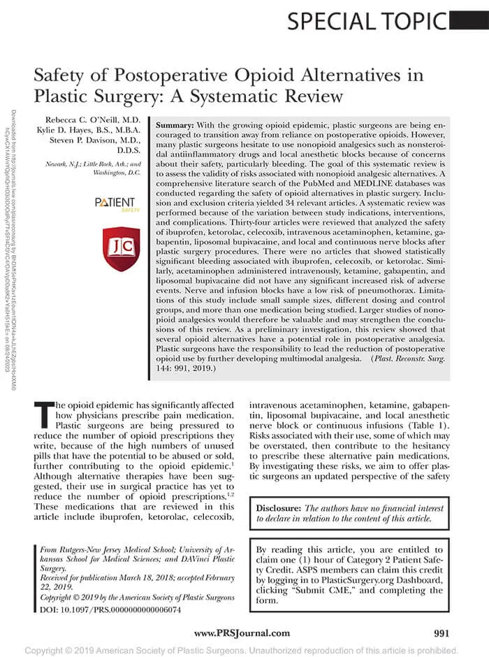 Article: Safety of Postoperative Opioid Alternatives in Plastic Surgery