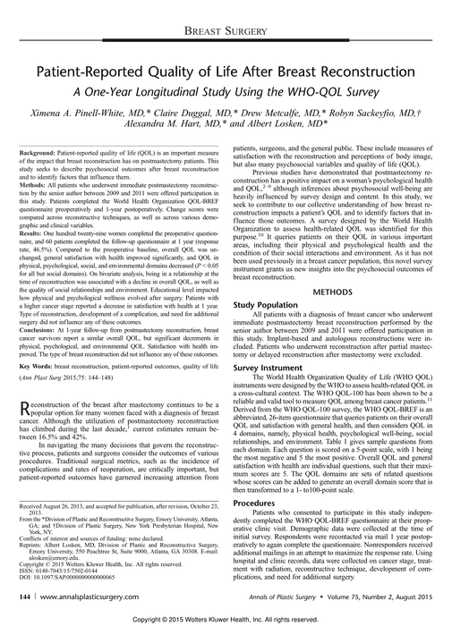 Article: Patient-Reported Quality of Life After Breast Reconstruction