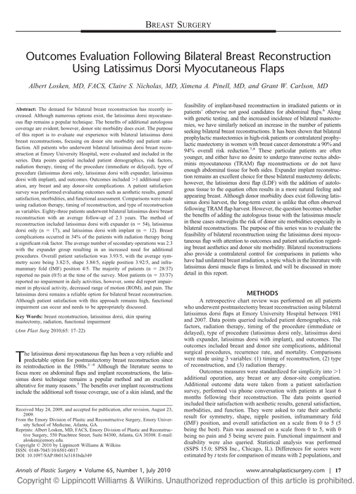 Article: Outcomes Evaluation Following Bilateral Breast Reconstruction Using Latissimus Dorsi Myocutaneous Flaps